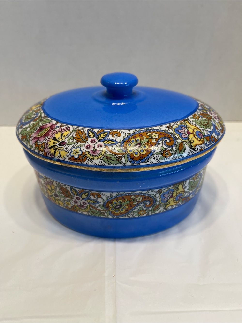 Vintage Blue Decorative Lidded Trinket Box - Floral Paisley Home Art